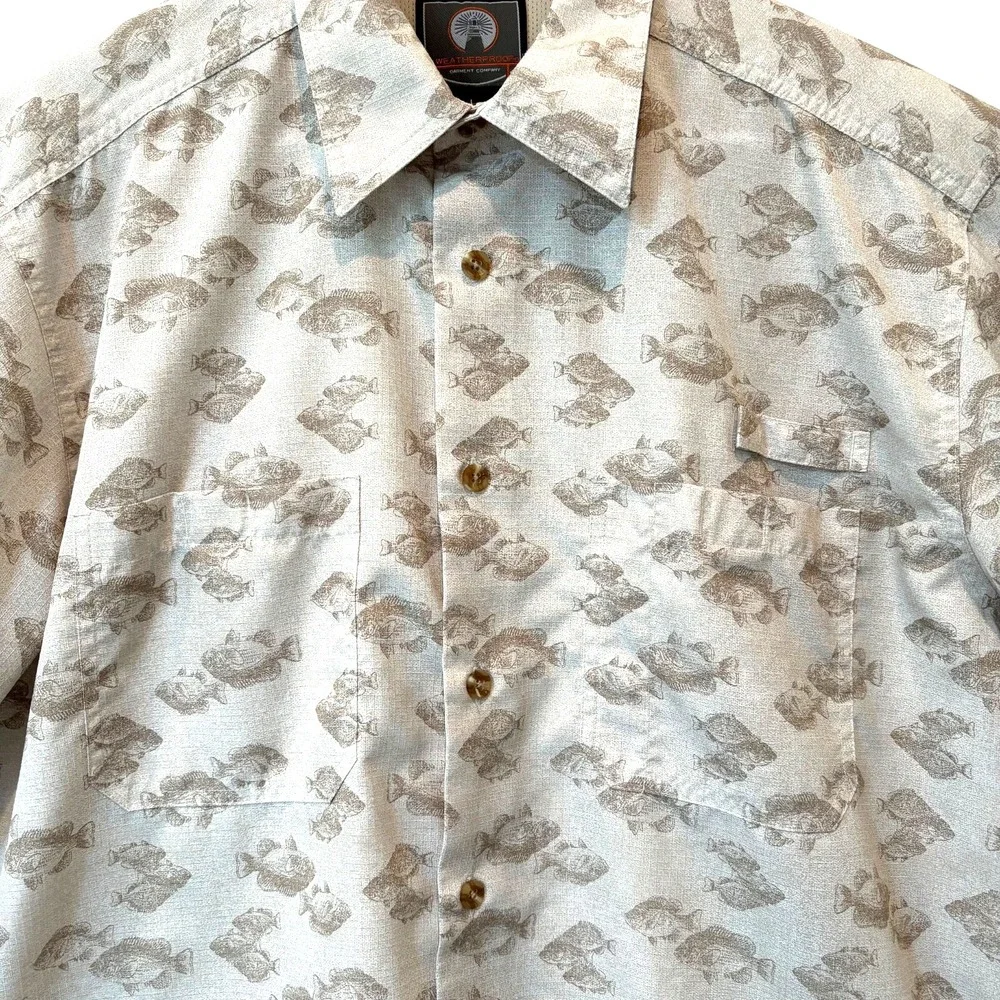 Weatherproof Garment Co Mens‎ Fishing Size L Beige Fish Print Button-Up Outdoor